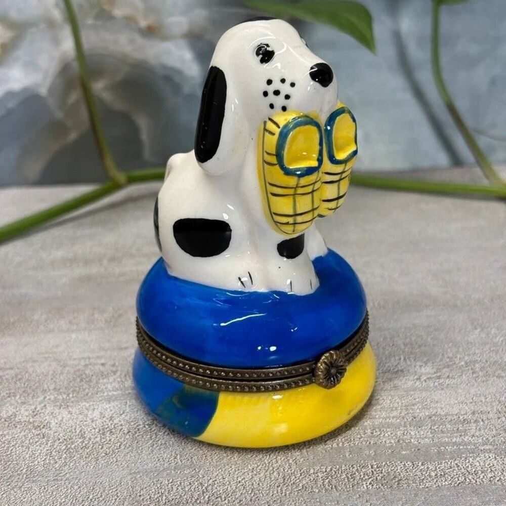 VTG 2.25” Dalmatian Puppy Yellow Boots Small Hinged Trinket Box